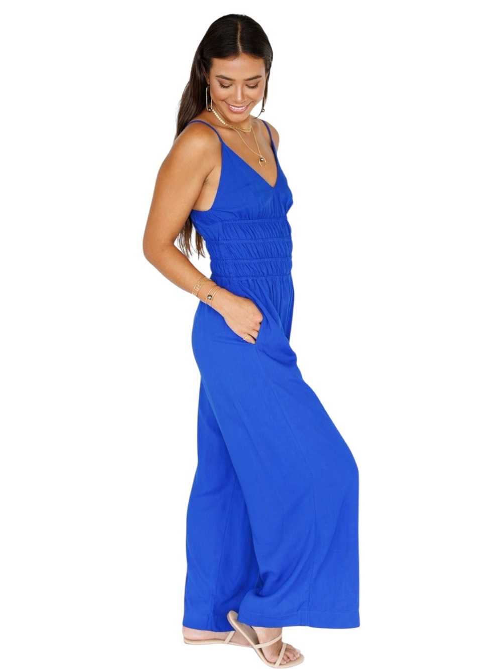 Khush Opal Wide Leg Jumpsuit Smocked Waist Cobalt Blue Sz S Boho Luxe Resortwear